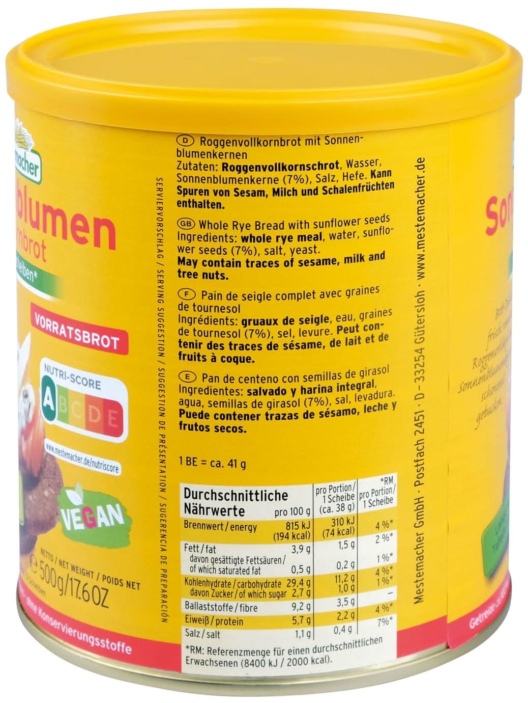 Mestemacher Sonnenblumenbrot Vollkornbrot 12 x 500g - Image 3