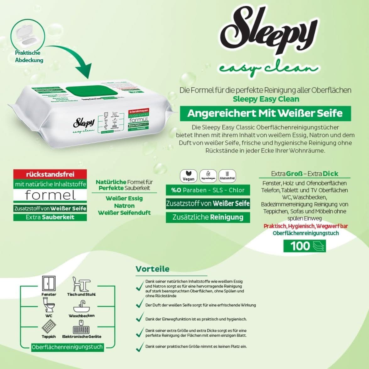 Sleepy Easy Clean Oberflächenreinigungstuch, weißer Essig, Backpulver und weißer Seifenduft hinzugefügt, 600 Stück (6 Packungen mit 100) - Image 3